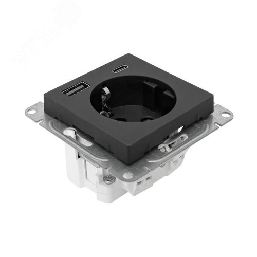 Механизм розетки с USB-A+С - 2шт, 16А, с заземлением, со шторками, чёрный Эпика EKF