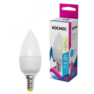 Лампа светодиодная LED 7.5Вт Свеча 220В Е14 D37х100 3000К теплый 600 лм