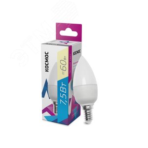 Лампа светодиодная LED 7.5Вт Свеча 220В Е14 D37х100 3000К теплый 600 лм