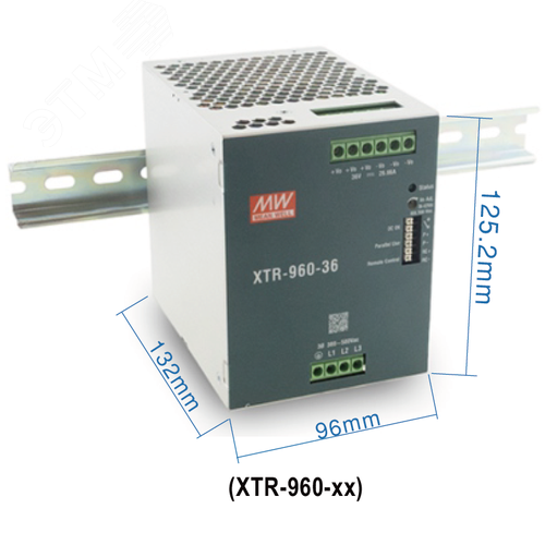 Блок питания AC-DC, 960Вт, ККМ, 3-х ф., вх. 320…600В AC, 47…63450…800В DC, вых.36В26.6A, (пиковый 53.3А), рег. вых 36…42В, изол.3000В AC, в кожухе на DIN-рейку 96х125.2х132мм,-40…+85°С, DC-OK, Дист.ВКЛВЫКЛ., P linkпарал.работа 3+1, 5 лет гарант
