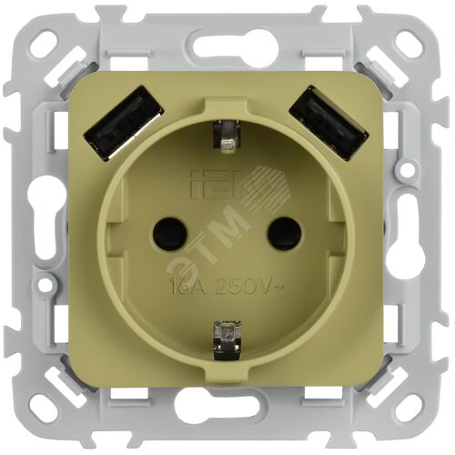 FLITE Розетка 1-местная с заземлением с защитными шторками 16А с USB A+A 3,1А безвинтовое крепление РСЮша11-1-ФлО оливковый