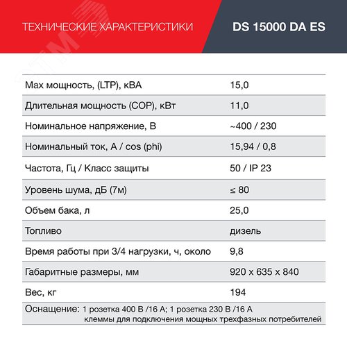 Генератор дизельный (трехфазный) с электростартером и коннектором автоматики DS 15000 DA ES