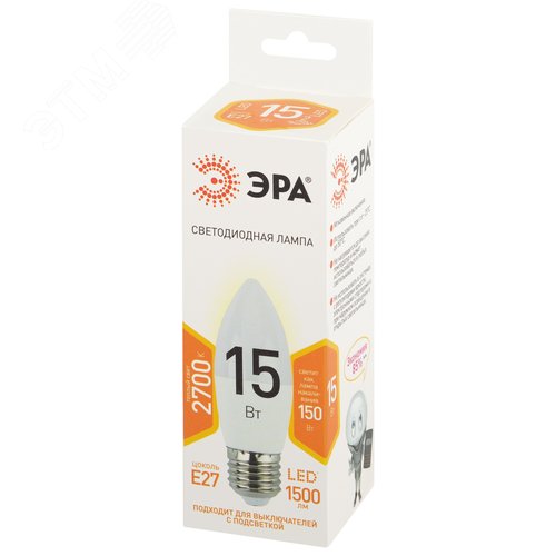 Лампа светодиодная 15т свеча теплый белый свет Е27 STD LED B35-15W-827-E27