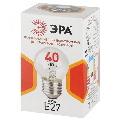 Лампа накаливания P-40-E27-230-CL 40Вт 230В шар прозрачный цветная коробка Е27