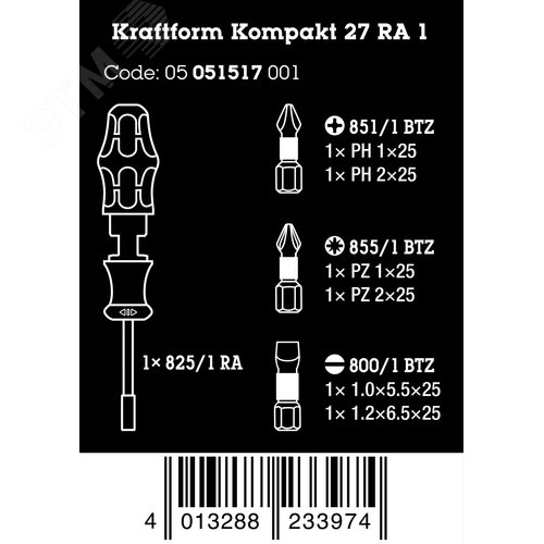 Набор торсионных бит с отвёрткой-битодержателем c трещоткой, 1/4'' C 6.3, 6 пр., PH 1/2, PZ 1/2, SL 5.5/6.5, Take It Easy, Kraftform Kompakt 27 RA 1 SB