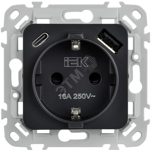 FLITE Розетка 1-местная с заземлением с защитными шторками 16А с USB A+C 20Вт безвинтовое крепление РСЮшс11-1-ФлЧ черный