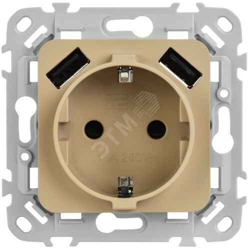 FLITE Розетка 1-местная с заземлением с защитными шторками 16А с USB A+A 3,1А безвинтовое крепление РСЮша11-1-ФлХ хаки