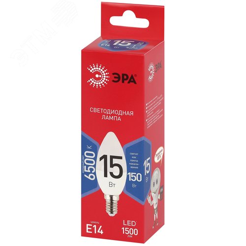Лампа светодиодная ЭРА RED LINE LED B35-15W-865-E14 R 15Вт свеча холодный дневной свет Е14