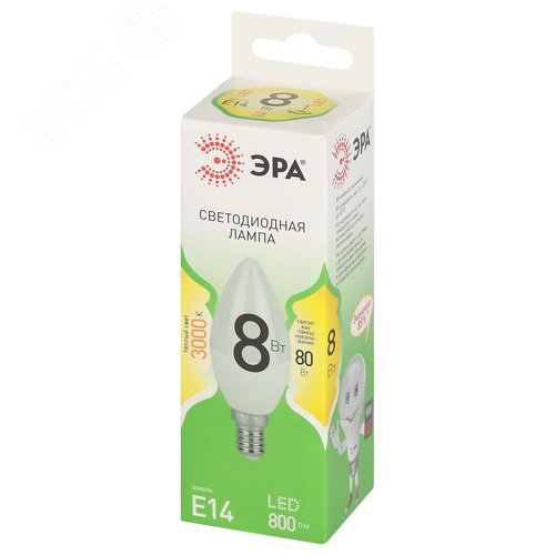 Лампа светодиодная LED 8 Вт 800Лм 3000К свеча теплый E14 220-240В LED B35-8W-830-E14 Green Line