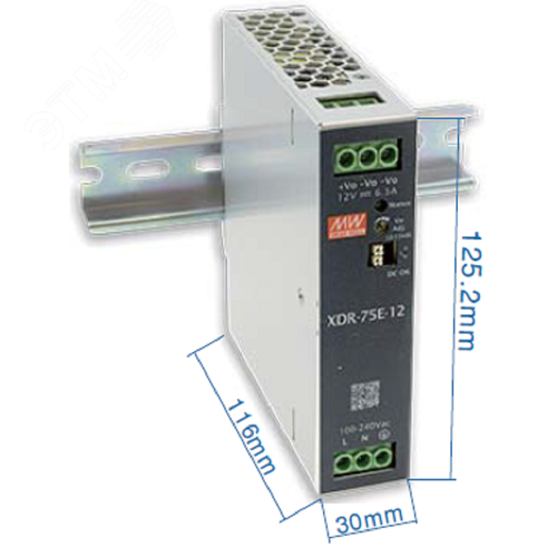 AC-DC, 75Вт, вх.85…264V AC, 47…63Гц 120…370В DC, вых.24В3.2A (пиковый 4.69А), рег. вых 24…29В, изол.3000В AC, DC OK, в кожухе на DIN-рейку 30х125.2х116мм,-40…+70°С, 3 года гарантии