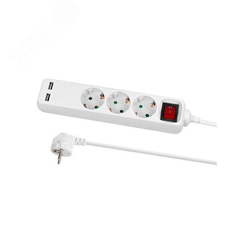 Удлинитель бытовой У03В-USB 3 гнезда, 2USB 2,4А, 3 м, вык., з/к, ПВС 3х0,75мм2 10А/250В белый TDM