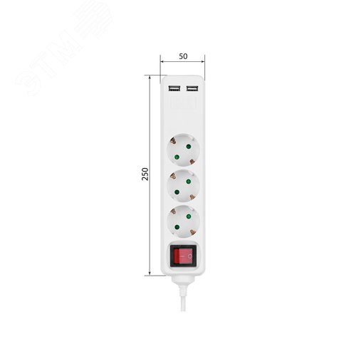 Удлинитель бытовой У03В-USB 3 гнезда, 2USB 2,4А, 3 м, вык., з/к, ПВС 3х0,75мм2 10А/250В белый TDM