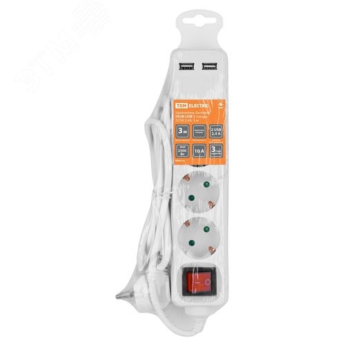Удлинитель бытовой У03В-USB 3 гнезда, 2USB 2,4А, 3 м, вык., з/к, ПВС 3х0,75мм2 10А/250В белый TDM