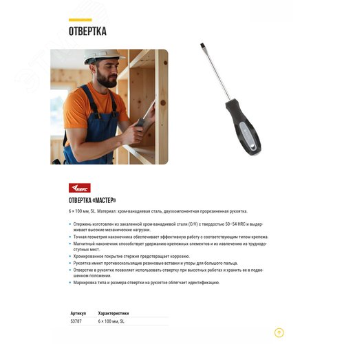 "Отвертка ""Мастер"", CrV сталь, прорезиненная ручка 6х100 мм SL"