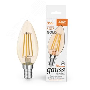 Лампа светодиодная филаментная LED 3.8 Вт 350 лм 2400К свеча теплый E14 AC 220В золотистая колба Basic