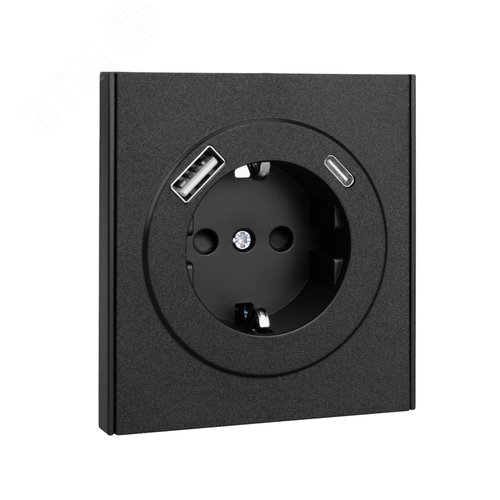 Розетка STRONG одинарная с/з скрытой установки з/ш 16А с USB A+C быстрой зарядки 5В/3А механизм антрацит