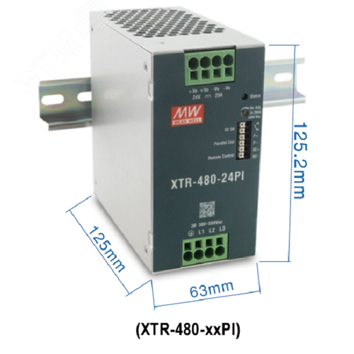 Блок питания AC-DC, 480Вт, ККМ, 3-х ф., вх. 320…600В AC, 47…63450…800В DC, вых.36В13.3A, (пиковый 26.6А), рег. вых 36…42В, изол.3000В AC, в кожухе на DIN-рейку 63х125.2х125мм,-40…+85°С, DC-OK, Дист.ВКЛВЫКЛ., P linkпарал.работа 3+1, 5 лет гарант