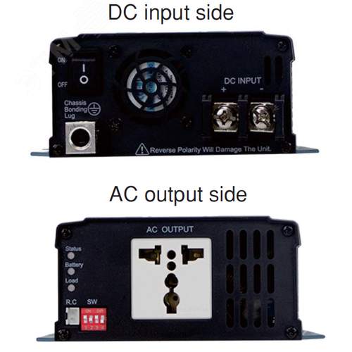 Инвертор DC-AC, 450Вт, Рмакс=900Вт(0,6 сек), Uвх=10...16,5В DC, Uвых=230В АС (ещё 200, 220, 240), f=50(60) Гц, КНИ<3%, изоляция 3000В AC, в кожухе 210х130х55мм, вес 1,3кг, -25…+70°С, выход евророзетка, тип АКБ Lead Acid или Li-ion