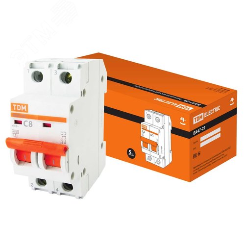 Выключатель автоматический ВА47-29 двухполюсной 8А 4,5кА характеристика С