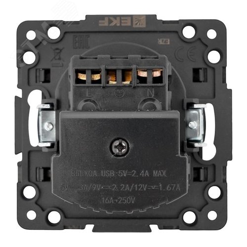 Стокгольм Механизм Розетки 1-местной с/з, USB 2A 16А винтовые клеммы черный с защ. штор. EKF