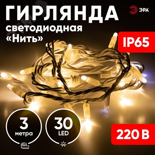 Гирлянда нить светодиодная новогодняя белый каучук 3 м тёплый свет 30 LED, IP65 ERAPS-WK3