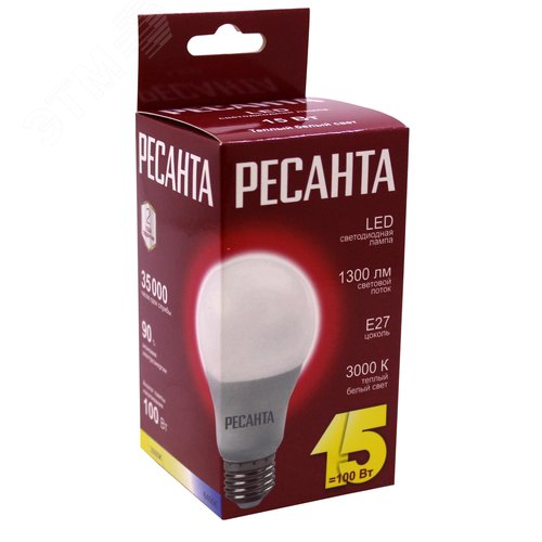 Лампа светодиодная LL-R-A65-15W-230-3K-E27 (груша, 15Вт, тепл., Е27) Ресанта