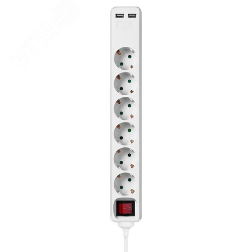 Удлинитель бытовой У06В-USB 6 гнезд, 2USB 2,4А, 1,5 м, вык., з/к, ПВС 3х0,75мм2 10А/250В белый TDM