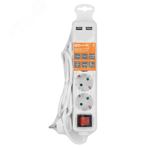 Удлинитель бытовой У03В-USB 3 гнезда, 2USB 2,4А, 1,5 м, вык., з/к, ПВС 3х0,75мм2 10А/250В белый TDM