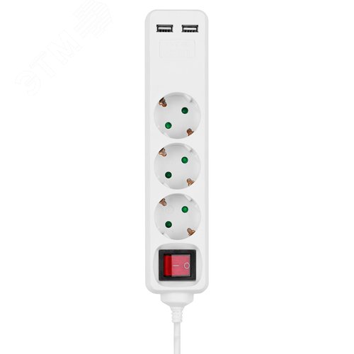 Удлинитель бытовой У03В-USB 3 гнезда, 2USB 2,4А, 1,5 м, вык., з/к, ПВС 3х0,75мм2 10А/250В белый TDM