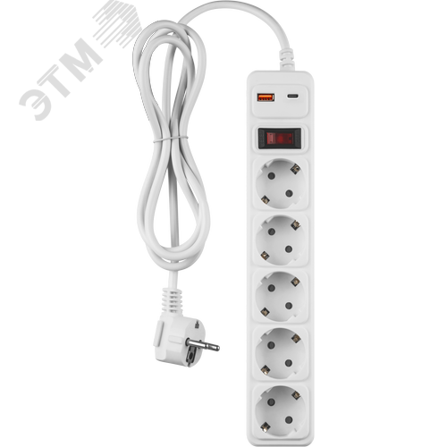 Сетевой фильтр OSP-USB-05-300-ESC-3х0.75-WH 5 розеток 3м ПВС 3х0,75 2200Вт USB-A+USB-C с заземлением с выключателем белый