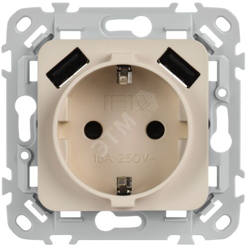 FLITE Розетка 1-местная с заземлением с защитными шторками 16А с USB A+A 3,1А безвинтовое крепление РСЮша11-1-ФлЛ льняной