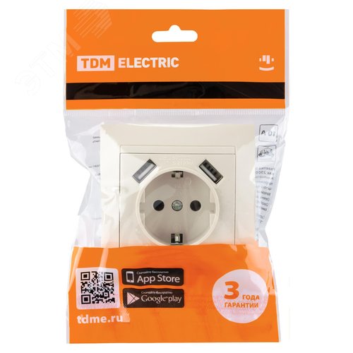 Розетка 2П+З 16А 250В + 2 USB порта 2,1А 5В сл.кость Лама