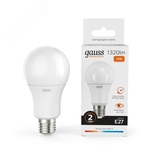 Лампа светодиодная LED 15 Вт 1320 лм 3000К А60 груша теплый E27 AC 220В Elementary