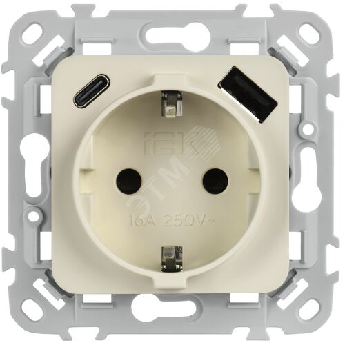 FLITE Розетка 1-местная с заземлением с защитными шторками 16А с USB A+C 20Вт безвинтовое крепление РСЮшс11-1-ФлЛ льняной