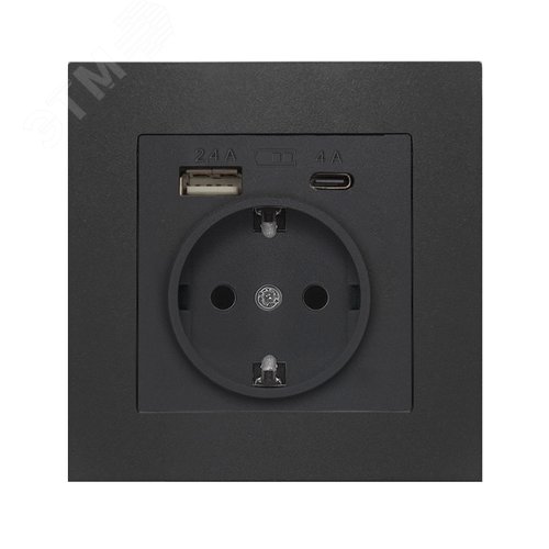 Розетка скрытой установки, с заземлением, c USB Type-A 2.4А+ Type-C 4A серия Афина , 220В, механизм, графит