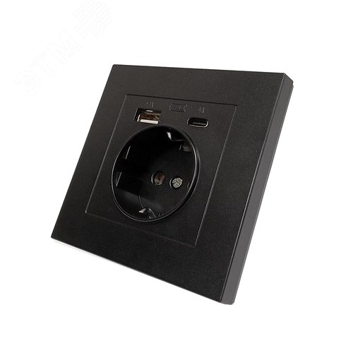 Розетка скрытой установки, с заземлением, c USB Type-A 2.4А+ Type-C 4A серия Афина , 220В, механизм, графит