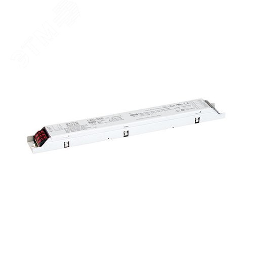 Источник питания LED, 35Вт, вход 180…295В AC, 47…63Гц254…420В DC, ККМ, выход в режиме пост. мощности 27…56В625…1000мА, изоляция 3750В AC, в кожухе 280х30х21, -25…+80°С (корпус), димминг 3 в 1
