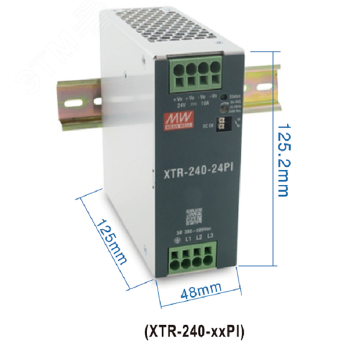 Блок питания AC-DC, 240Вт, ККМ, 3-х ф., вх. 320…600В AC, 47…63450…800В DC, вых.36В6.66A, (пиковый 10А), рег. вых 36…42В, изол.3000В AC, в кожухе на DIN-рейку 48х125.2х125мм,-40…+85°С, DC-OK, 5 лет гарантии, клемма-зажим