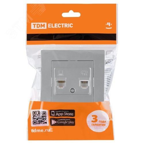 Розетка телефонная RJ11 + компьютерная RJ45 серебр. металлик Сенеж