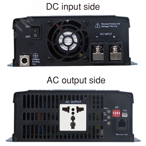 Инвертор DC-AC, 1200Вт, Рмакс=2000Вт(0,6 сек), Uвх=48(40…66)В DC, Uвых=230В АС (ещё 200, 220, 240), f=50(60) Гц, КНИ<3%, изоляция 3000В AC, в кожухе 333x184x70мм, вес 3.3кг, -25…+70°С, розетка тип-EU (Европа), тип АКБ Lead Acid или Li-ion