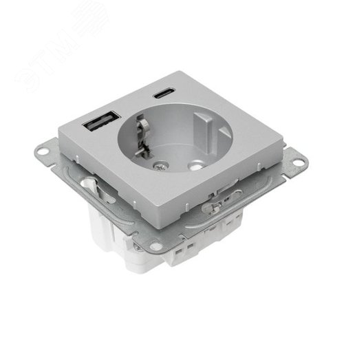 Механизм розетки с USB-A+С - 2шт, 16А, с заземлением, со шторками, алюминий Эпика EKF
