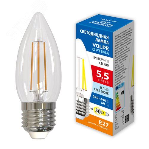 Лампа светодиодная Форма свеча прозрачная Белый свет 4000K LED-C35-5,5W/4000K/E27/CL/SLF