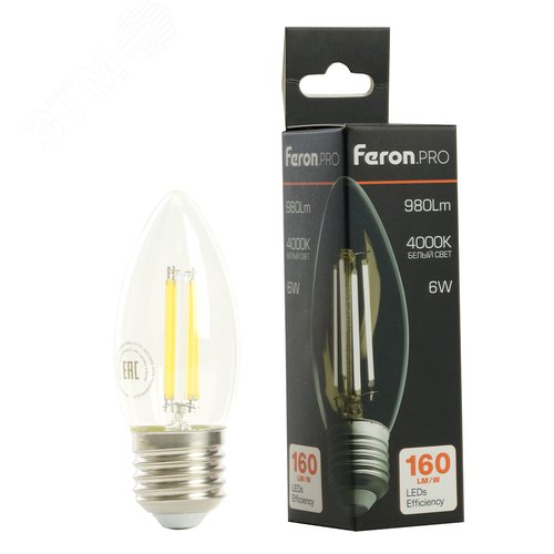 Лампа светодиодная LED 6вт Е27 белый свеча FILAMENT .PRO