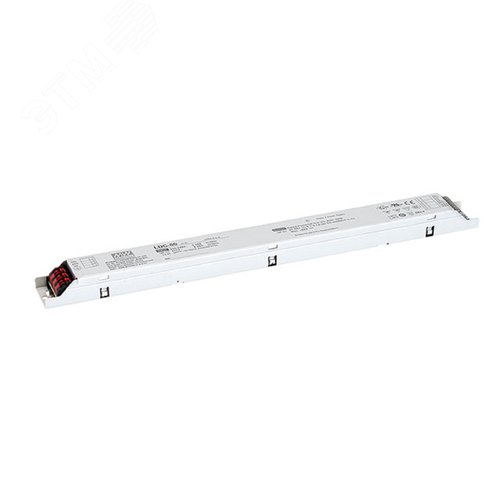 Источник питания LED, 80Вт, вход 180…295В AC, 47…63Гц254…420В DC, ККМ, выход в режиме пост. мощности 27…56В1400…2100мА, изоляция 3750В AC, в кожухе 360х30х21, -25…+85°С (корпус)