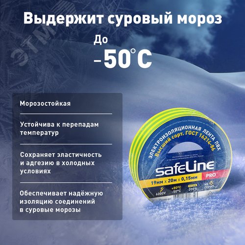 Изолента ПВХ желто-зеленая 19мм 20м Safeline
