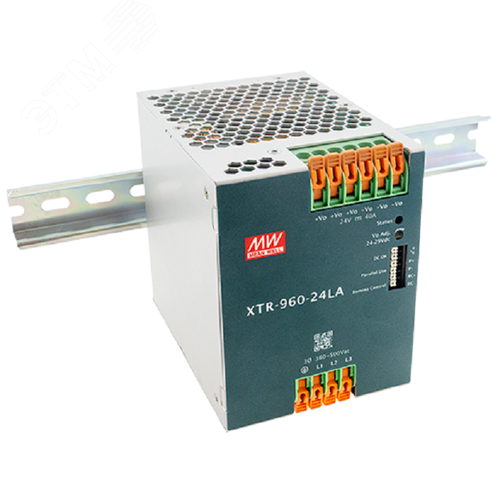 Блок питания AC-DC, 960Вт, ККМ, 3-х ф., вх. 320…600В AC, 47…63450…800В DC, вых.24В40A, (пиковый 80А), рег. вых 24...29В, изол.3000В AC, в кожухе на DIN-рейку 96х125.2х132мм,-40…+85°С, DC-OK, Дист.ВКЛВЫКЛ., P linkпарал.работа 3+1, 5 лет гарантии
