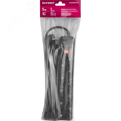 Сетевой фильтр OSP-1-05-500-ESC-3х0.75-BL 5 розеток 5м ПВС 3х0,75 2200Вт с заземлением с выключателем черный