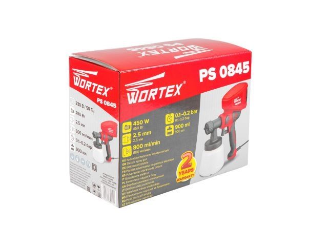Краскораспылитель электрический WORTEX PS 0845 в кор. 450 Вт, 800 мл/мин, 0.9 л бак