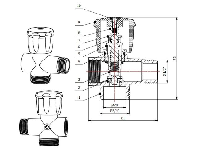 Кран вентильный 1/2" нар. х 3/4" нар. х 1/2" вн. для стир. машины ХРОМ., AV Engineering