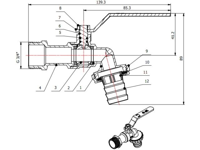 Кран водоразборный 3/4" нар. настенный со штуцером, AV Engineering